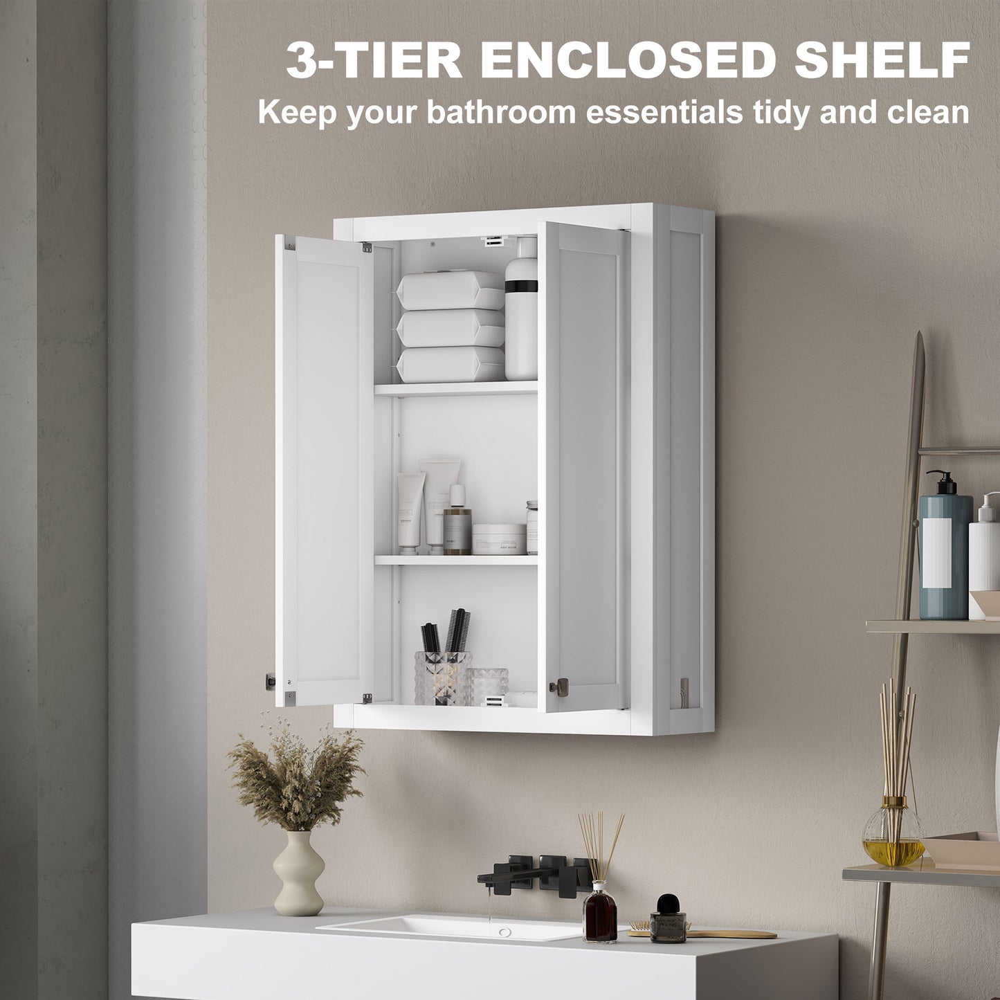 Badezimmerschrank Wandmontiert, Moderner Badezimmerschrank an der Wand mit 2 Türen und 2 einstellbaren Regalen, Weiß