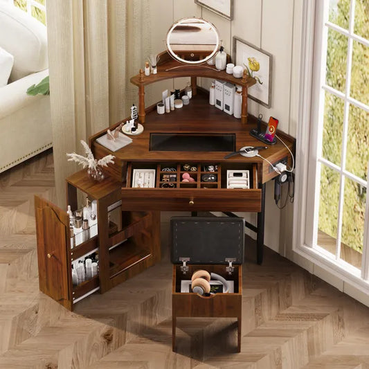 Eckiger Schminktisch-Set mit Stauraum, gepolstertem Hocker und Ladestation, dreieckiger Schminktisch mit herausziehbarem seitlichen Schrank, Glasplatten-Schminktisch mit Schublade und Regal, Walnuss