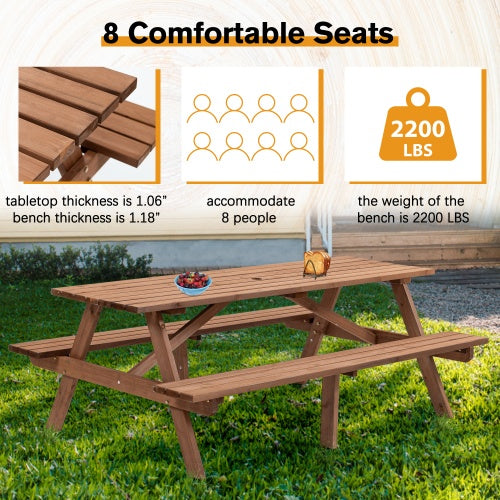 8-Person-Brauner Holztisch für Picknick, Outdoor-Camping-Esstisch mit 2 Sitzen, Garten, DIY mit 2 integrierten Bänken, Tragfähigkeit 2220 lb