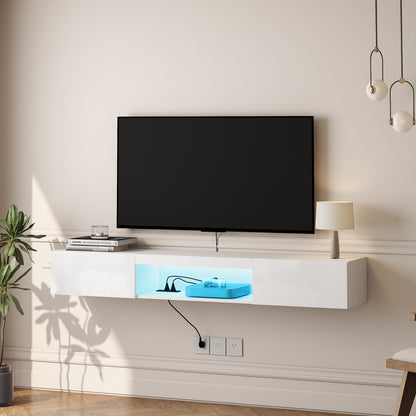 Schwebender TV-Ständer Wandmontiert mit 16-farbigen LEDs, Moderner TV-Ständer, Schwebender TV-Schrank Entertainment-Center für 55 60 65 Zoll TV, Weiß