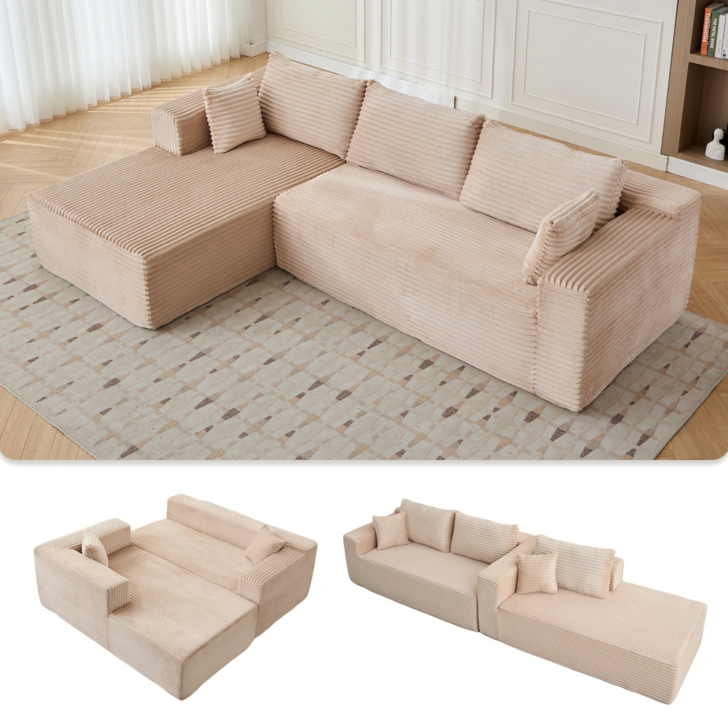 L-Shaped Compression Sofa Bed, Convertible Sectional Sofa With Pillow Back Support - Foldable Floor Couch Lounger, Corduroy Fabric Futon Sleeper For Living Room, Bedroom, Game Room NO TEMU
