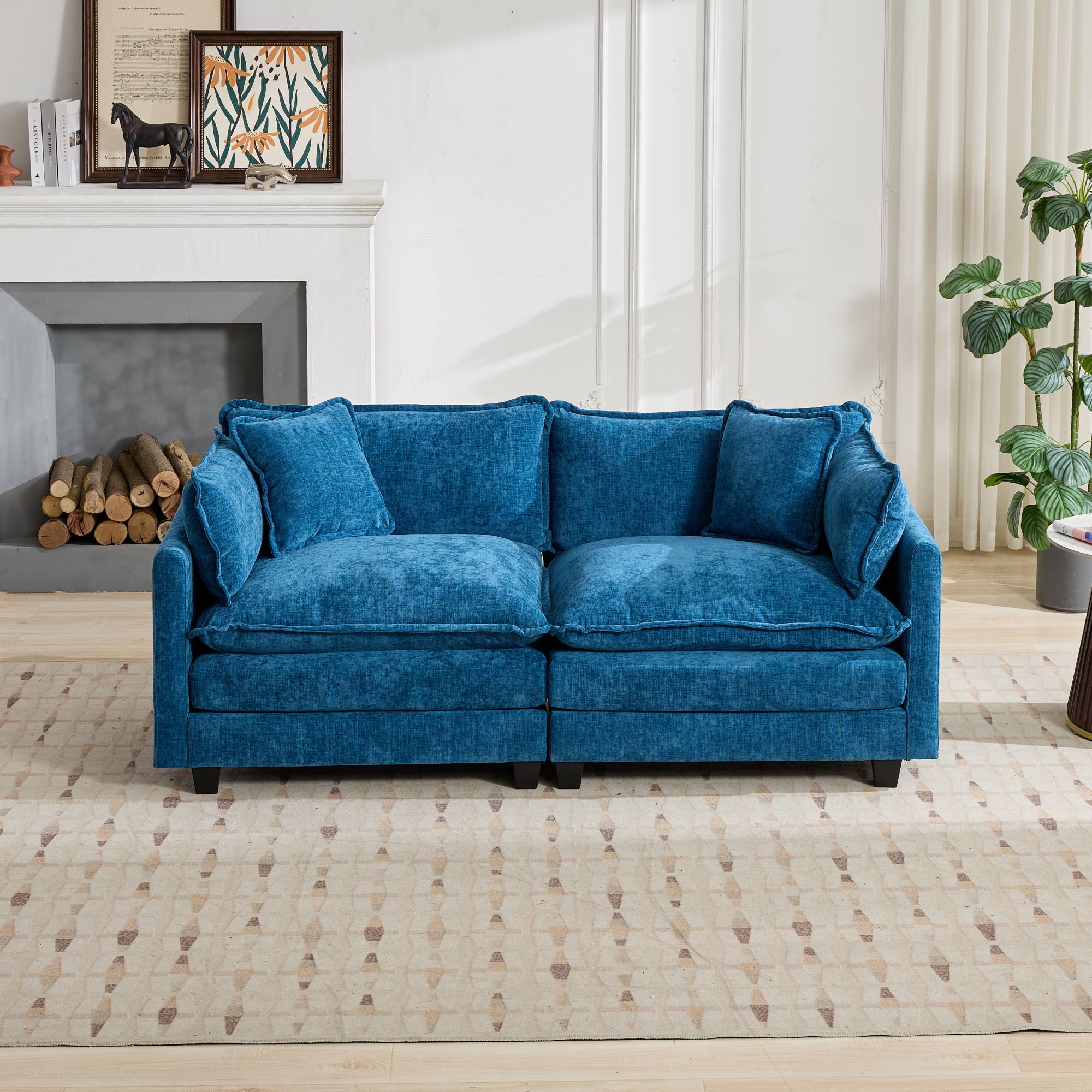 Cloud-Sofa Liebesitz Hocker nicht enthalten, modernes Ecksofa, für Wohnzimmer, Schlafzimmer und Wohnung, bequeme zweischichtige gepolsterte Sitzkissen, atmungsaktiver Chenille-Stoff, Blau.SW5012BL