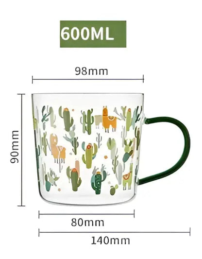 Clear glass cactus glass tea mug with green handle and colorful llama pattern marked 600ml for glass tea milk use