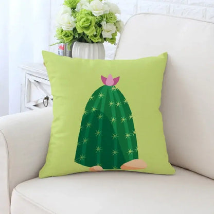 Lime green decorative pillowcase featuring decorbites cactus hand painting with dark green body and pink flower for living room sofa