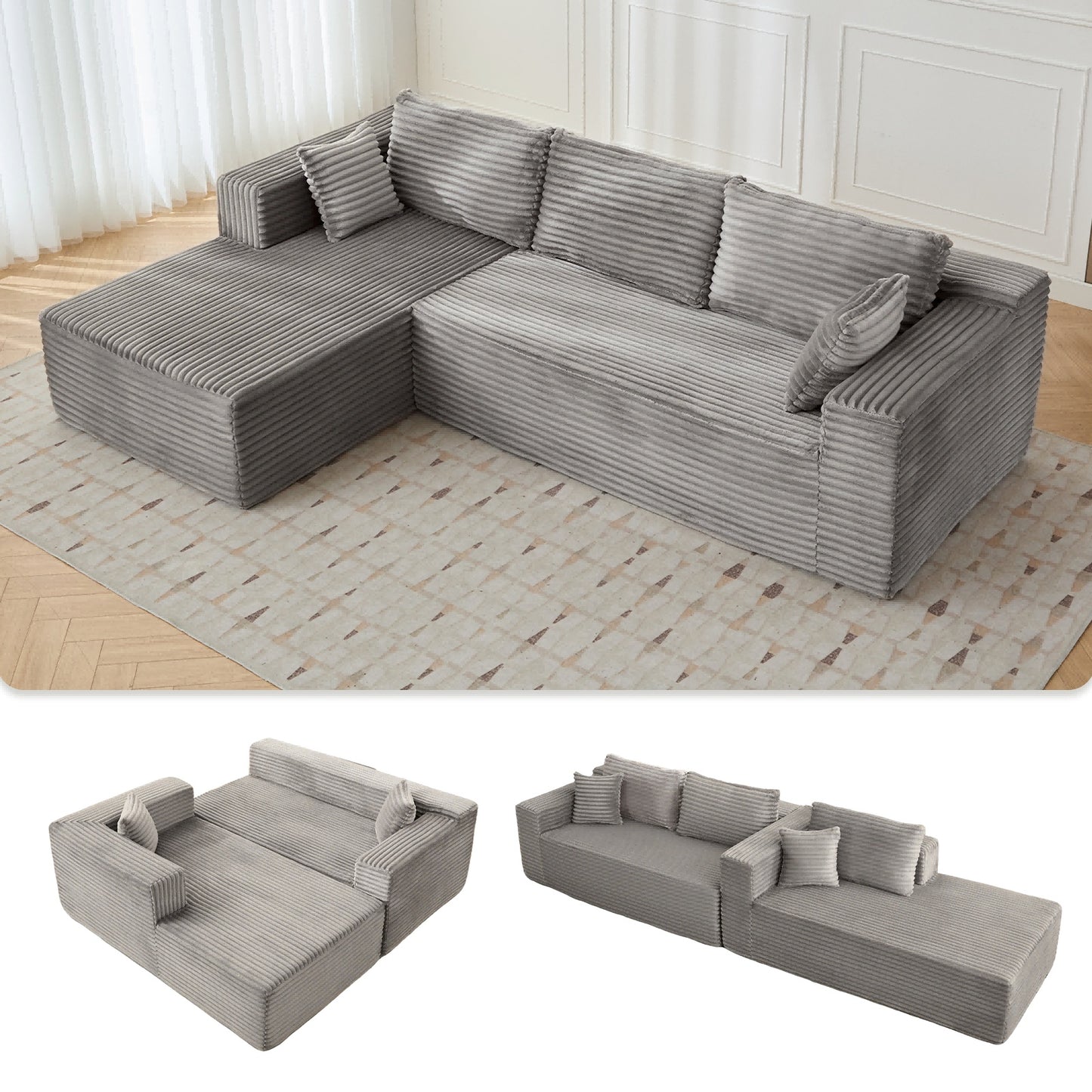 L-förmiges Kompressions-Sofabett mit Nesselstoffbezug - Umwandelbare Sektionale Sofa, ausklappbare Boden-Couch-Schlafcouch, platzsparende flanellartige Lounge für kleine Wohnungen, Wohnzimmer & Spielzimmer OHNE TUME