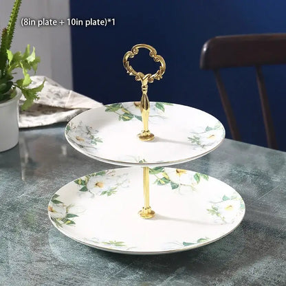 Elegant two-tiered porcelain serving tray with camellia floral tea pattern white and gold decorbites camellia floral tea set