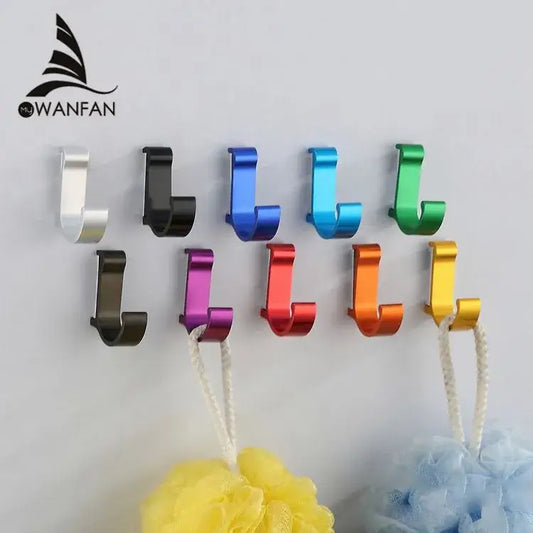 A set of candy color metal wall hooks in silver black blue green purple red orange and gold for bathroom towels and coats