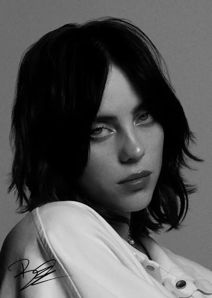 Black-and-white canvas art portrait of singer b-billies with dark hair for stylish home decor by decorbites