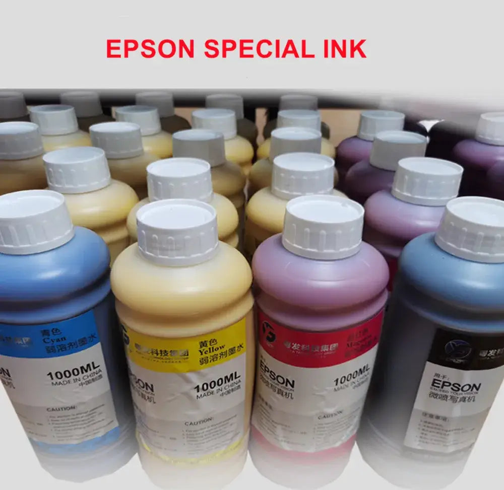 Epson 1000ml special ink bottles in cyan yellow magenta and black with white caps for DecorBites vintage boho wall art