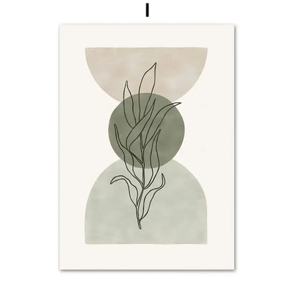 Minimalist abstract geometric leaves vintage boho canvas wall art with delicate line foliage on muted green and beige shapes