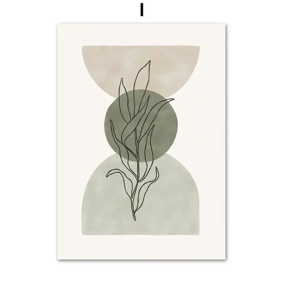 Minimalist abstract geometric leaves vintage boho canvas wall art with delicate line foliage on muted green and beige shapes