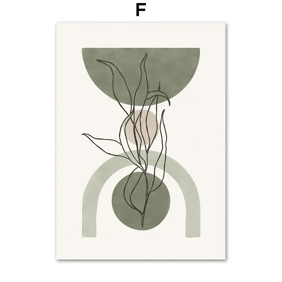 Decorbites™ abstract geometric leaves vintage boho canvas wall art featuring black line botanical stems on olive pink background