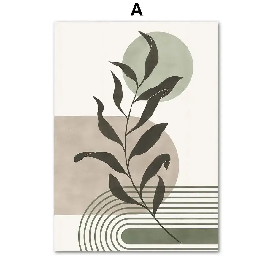 Decorbites abstract geometric leaves vintage boho canvas wall art with dark green leafy branch on beige olive gray shapes
