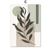 Decorbites™ abstract geometric leaves vintage boho canvas wall art with dark green branch on beige and olive background