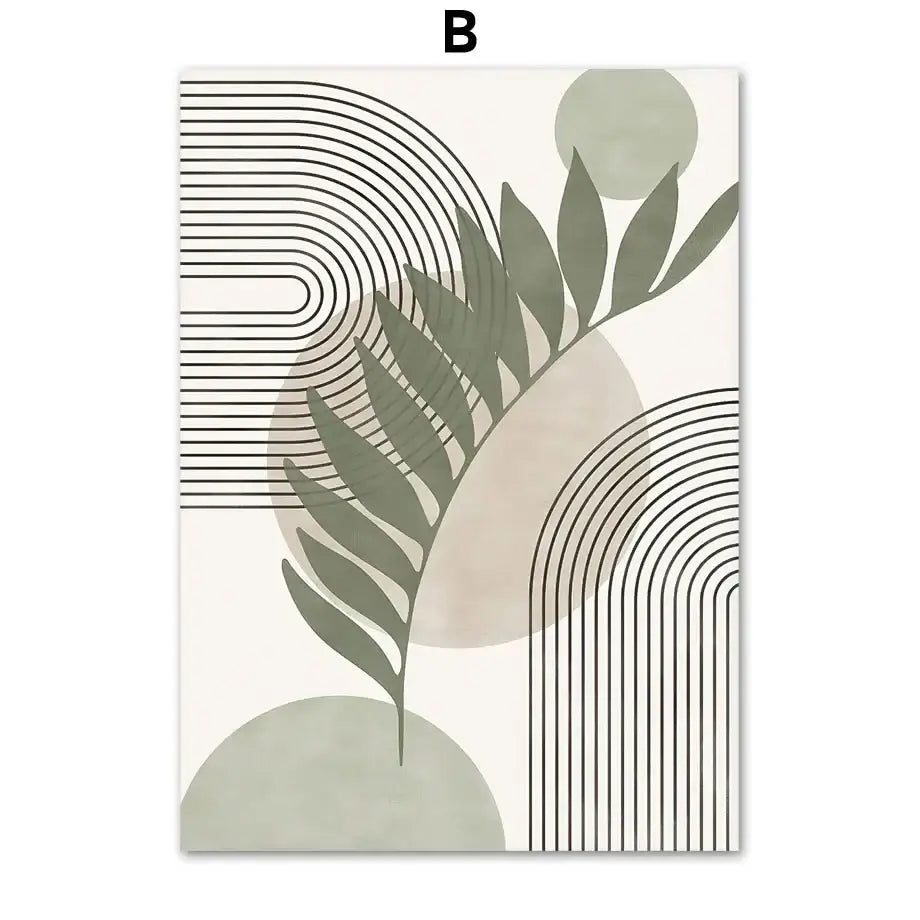 DecorBites™ vintage boho canvas wall art with abstract geometric green leaf and muted beige gray shapes design