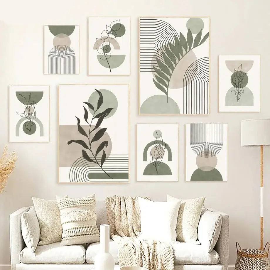 Set of eight minimalist abstract geometric leaves vintage boho wall art prints in muted tones with wooden frames