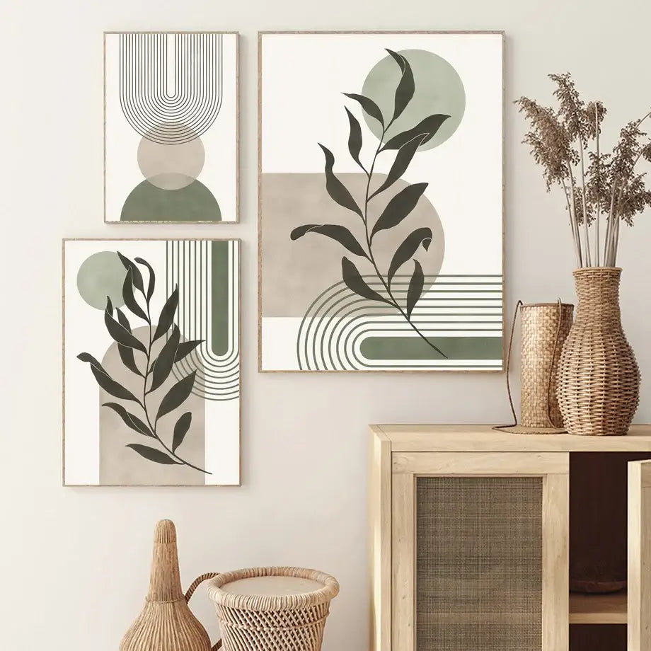 Three framed abstract geometric leaves vintage boho canvas wall art in muted green beige black and white tones