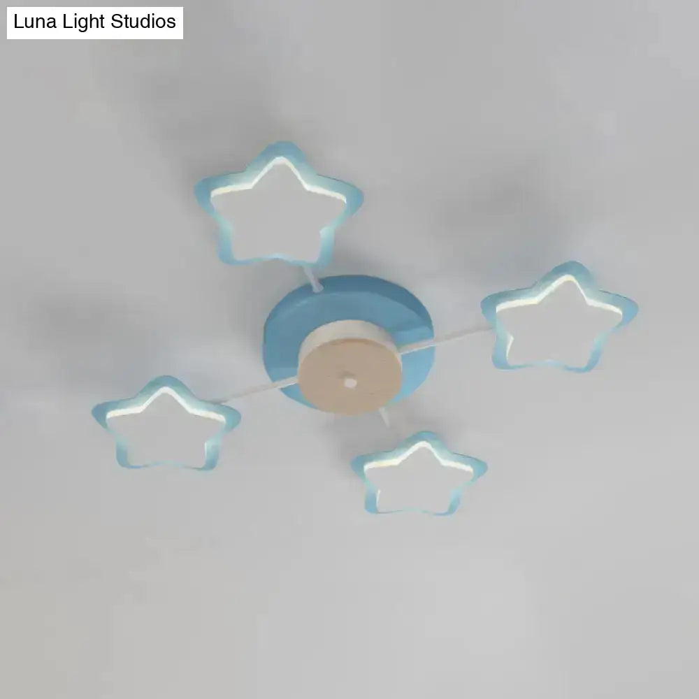 Blue star-shaped cartoon acrylic pink blue led flush mount ceiling light with glowing edges and circular base for bedroom