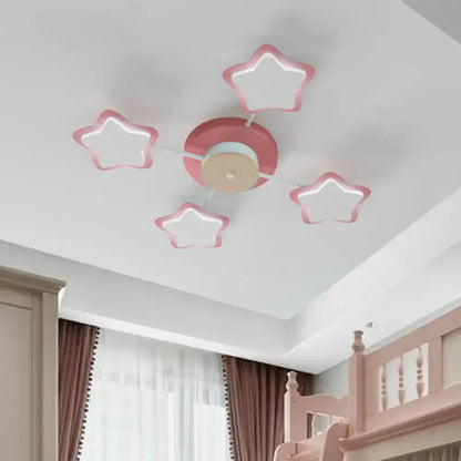 Pink blue cartoon acrylic pink star led flush mount ceiling light fixture with glowing white inner panels for bedroom