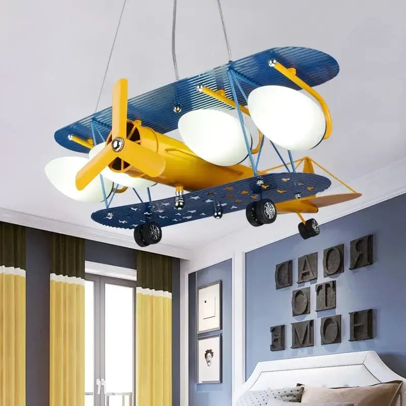 Blue and yellow cartoon aircraft ceiling fan with white circular bulbs for bedroom decorbites cartoon aircraft light fixture