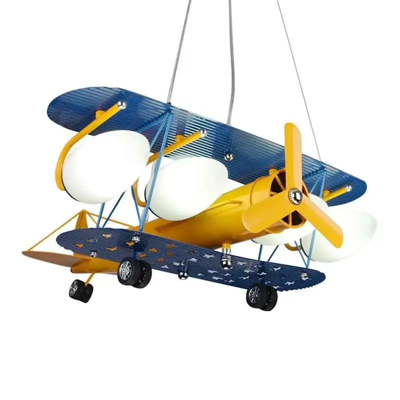 Blue and yellow decorbites cartoon aircraft ceiling fan pendant light with white globe bulbs for bedroom decor