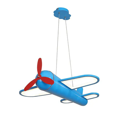 Blue and red cartoon airplane pendant light with illuminated wings for kids bedroom decorbites cartoon airplane design