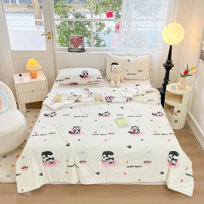 White cream kids summer quilt featuring a soft knitted comforter with cartoon pandas and lucky day design from decorbites kids summer