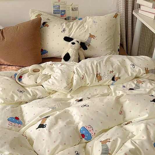 Cream satin quilt cover set featuring playful cartoon animals and cupcakes on soft satin fabric for bedroom use