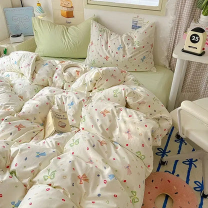 Cream-colored satin quilt cover set with pastel bows dots and tiny birds for bedroom bedding cover set
