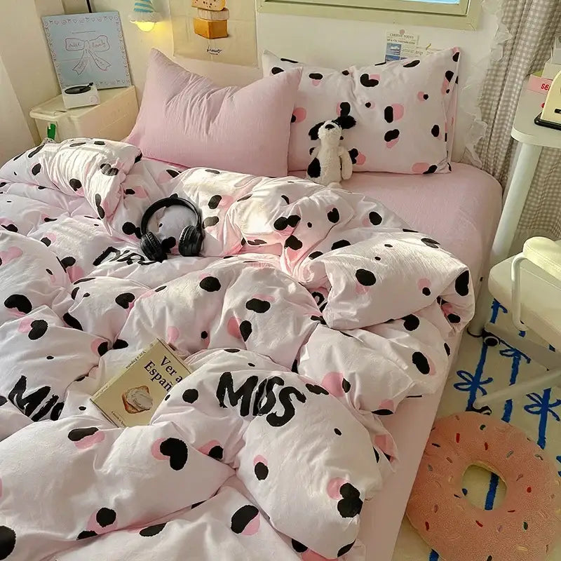 Pink and black polka dot satin quilt cover set with miss print for bedroom bedding cover set