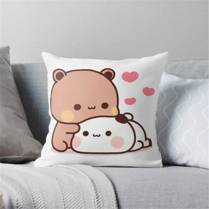 White throw pillow with decorbites cartoon animal printed design of two bears and pink hearts animal printed pillowcase