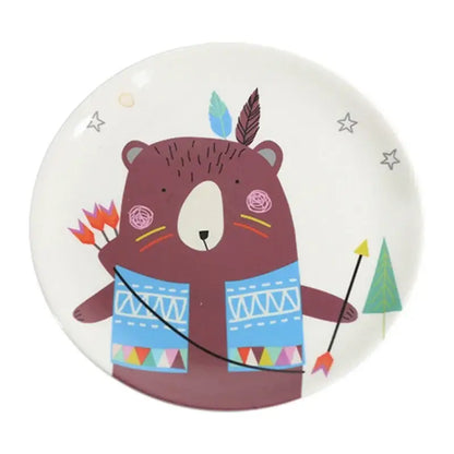 White ceramic bone snack plate featuring a cartoon brown bear with colorful feathers and geometric patterns on vest