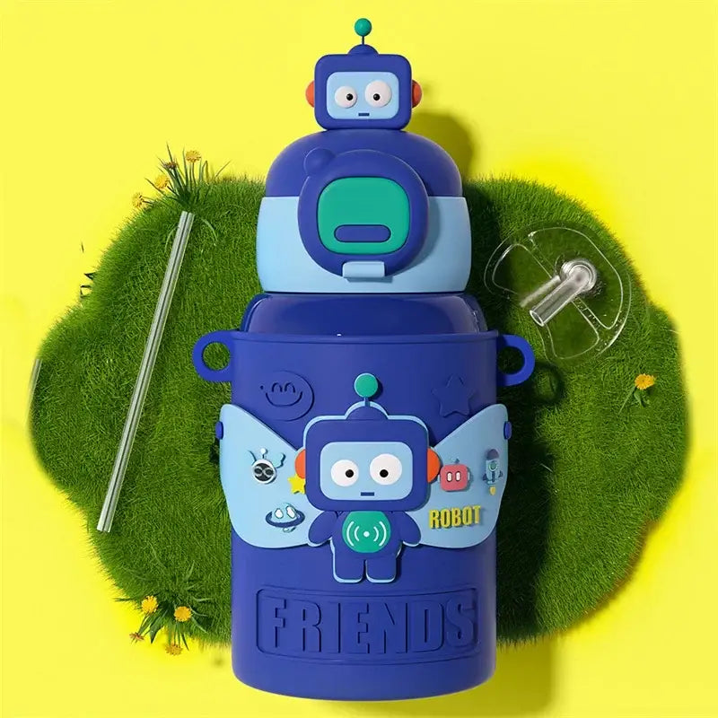 Blue robot-themed cartoon animals insulated stainless steel mug with light blue and green accents for kids kitchen use