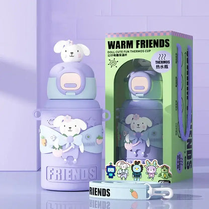 Purple and light blue cartoon animals insulated stainless steel mug with cute bunny design and soft silicone grip for kids