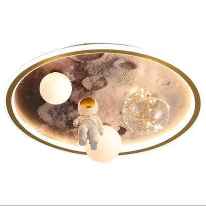 Oval-shaped ceiling lamp with cartoon astronaut figurine and glowing spheres on textured lunar surface for kids bedroom decorbites cartoon astronaut