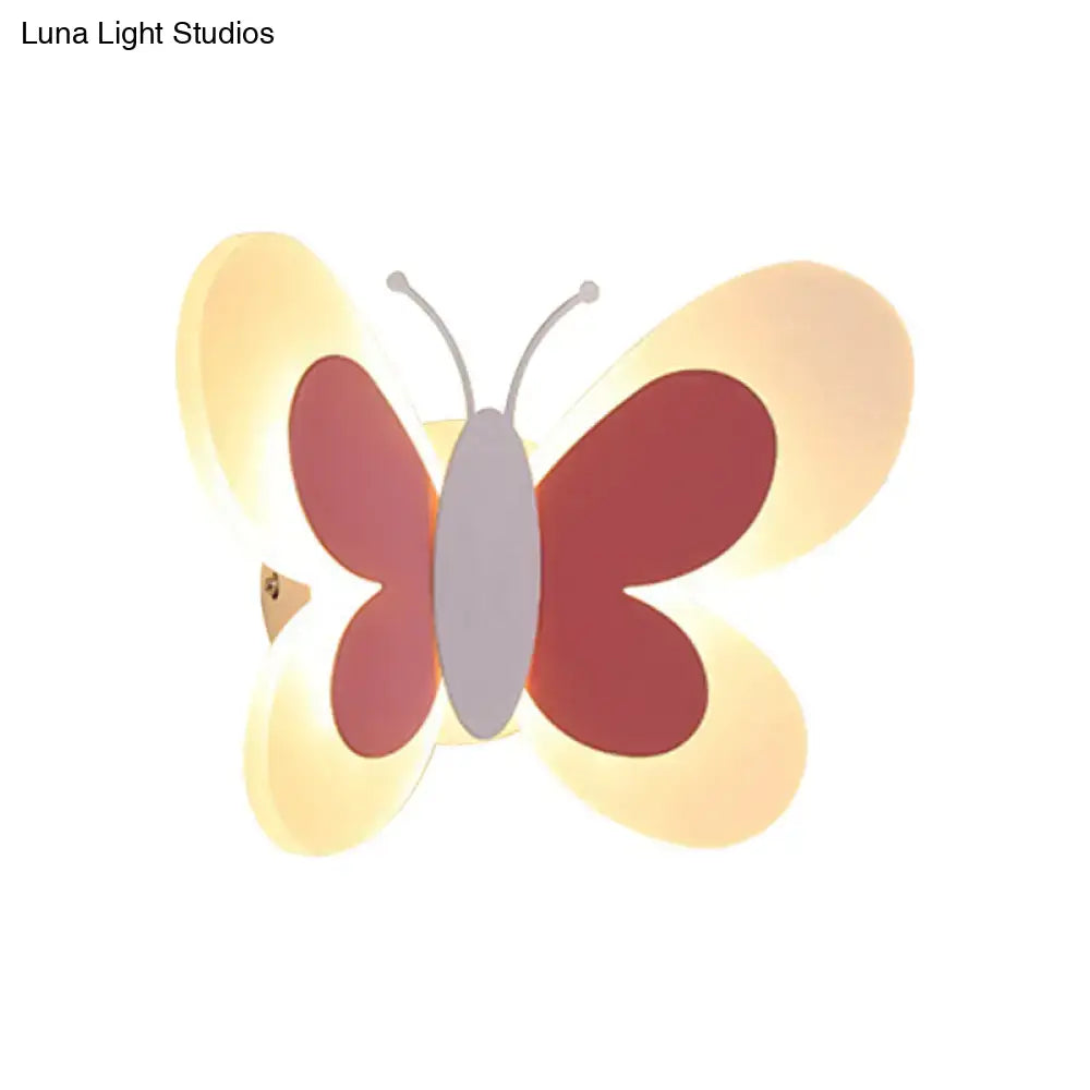 Cute butterfly-shaped led wall light with red and cream wings gray body and silver antennae for kindergarten use