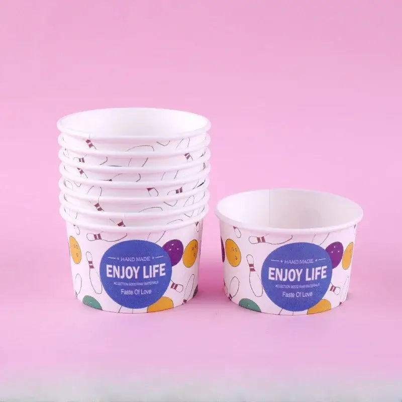 White paper ice cream cup with colorful bowling ball and pin decorbites cartoon paper cups featuring blue enjoy life label