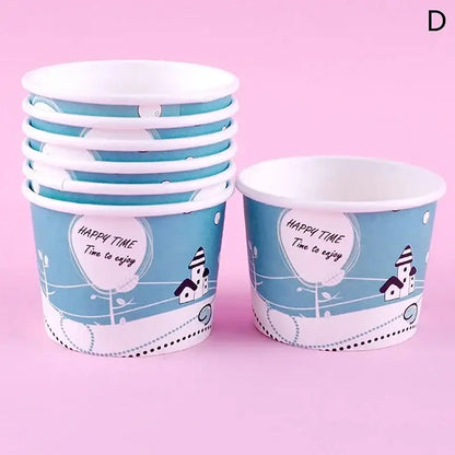 Blue and white decorbites cartoon paper cups with lids featuring houses and happy time text for dessert bowls use