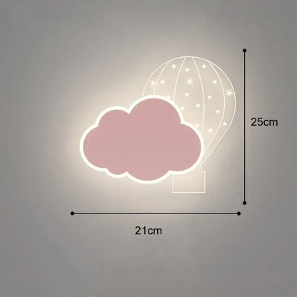 Pastel pink cloud and hot air balloon cartoon wall lamp with star details for bedroom led art decoration