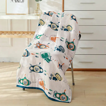 White cartoon cat and rabbit cotton gauze bath towel with playful submarine pattern for bedroom and nursery decorbites cotton gauze bath