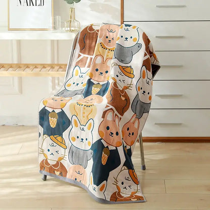 Cartoon cat and rabbit cotton gauze bath towel with plush multicolor cats in beige gray brown and navy blue decorbites cotton gauze