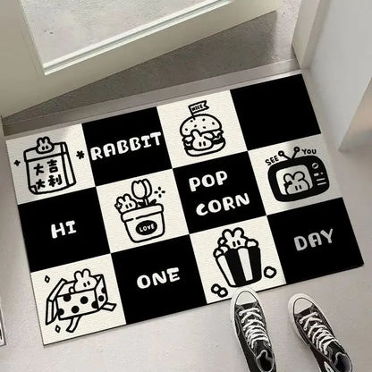Black and white checkered door mat with cartoon rabbit and decorbites block crystal velvet design for living room decor