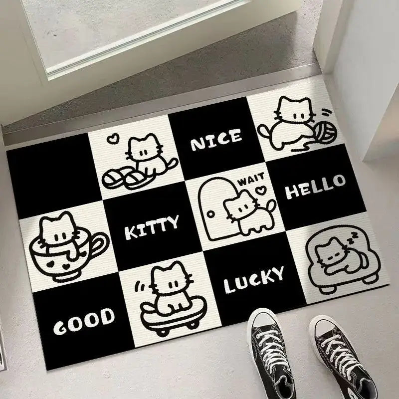 Black and white checkered door mat with playful cartoon cats and words hello nice lucky for living room decorbites block crystal velvet