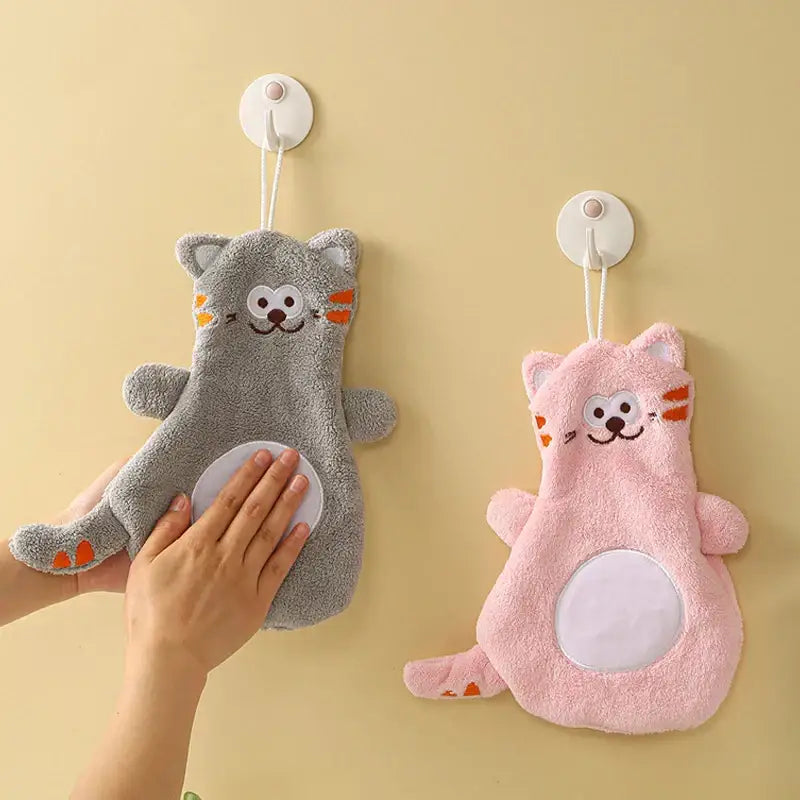 Gray and pink cartoon cat coral velvet hand towels shaped as plush sponges with embroidered faces and white belly patches