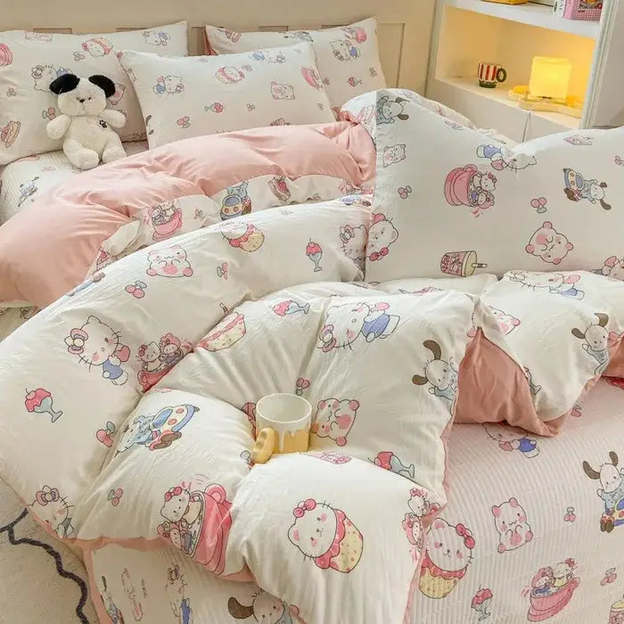 Cozy white cotton duvet set with cartoon cat floral pattern in pastel pink and blue hues with striped bed skirt