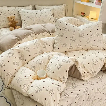 Cream-colored cotton duvet set with plush texture featuring black teddy bear silhouettes for cartoon cat floral bedding