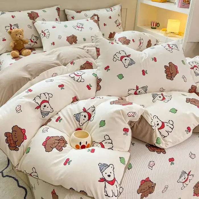 Cream-colored cotton duvet set featuring playful cartoon cat floral design with bears and dogs in red scarves on white background
