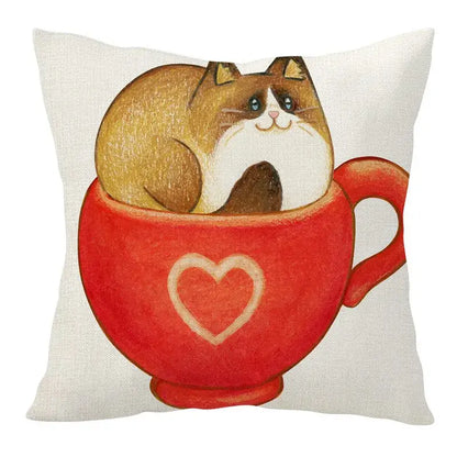 Beige cartoon cat linen pillowcase with a brown and white cat in a red teacup heart design for living room decorbites