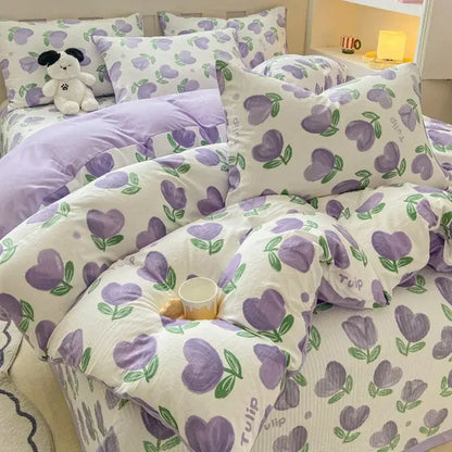Purple tulip patterned cotton duvet cover set with white base green leaves in cartoon cat pink floral bedroom design