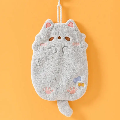 Soft gray plush cartoon cat hand towel with pink embroidery and bows made of microfiber for kitchen cleaning decorbites cartoon cat